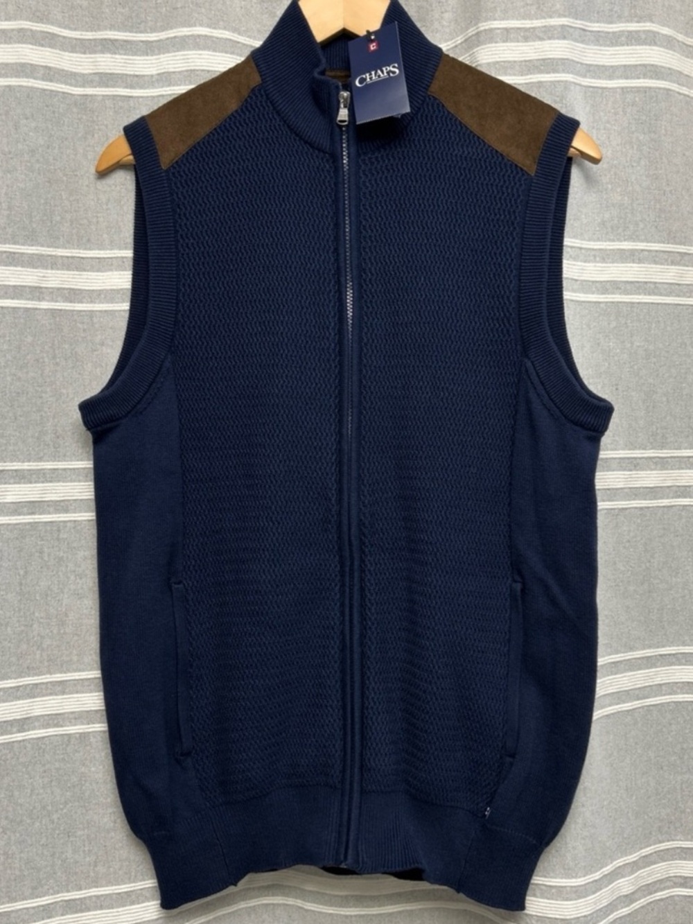 Chaps Navy Knit Zip Sweater Vest with Brown Faux Suede Shoulder Panels NEW